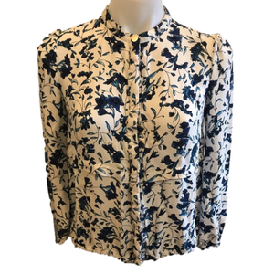 French Connection White and Blue Floral Button Down Crew Neck Collar Shirt